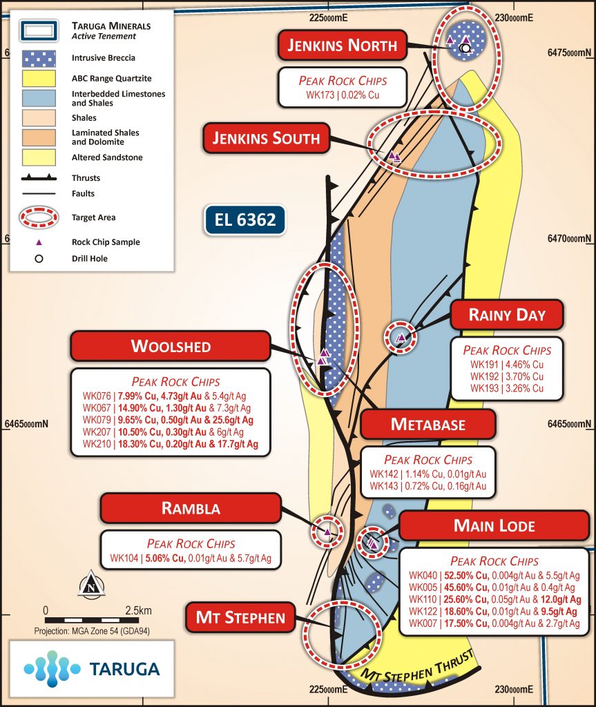 Figure 1: Detailed Geology Map for the Flinders Project Target Area showing Prospects, Rock Chip Sample Results, Breccias and Historic Drillhole Locations